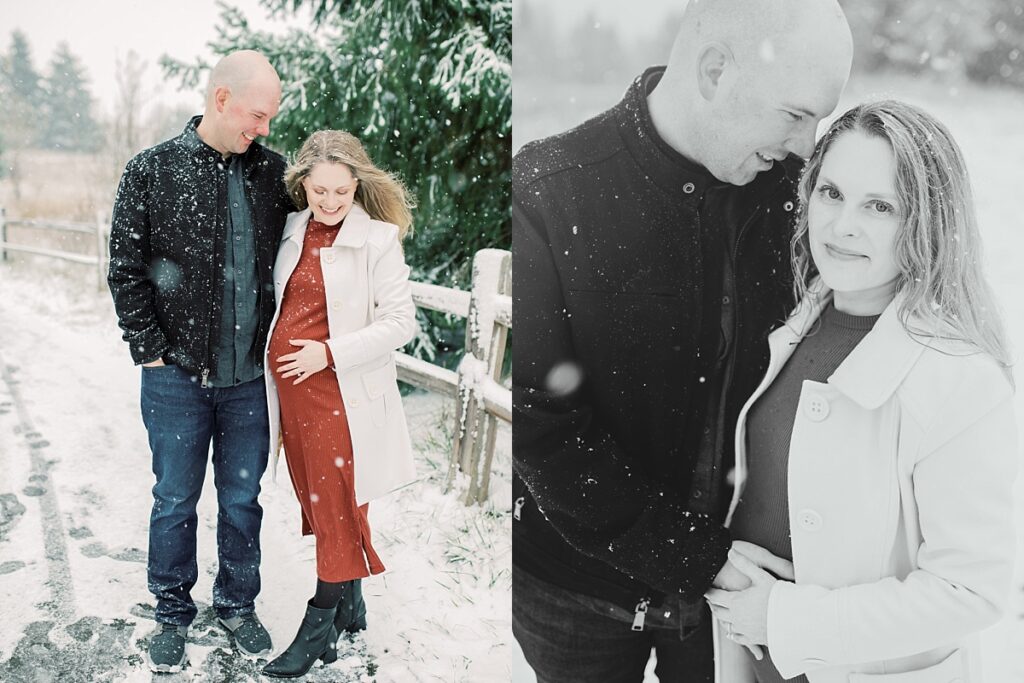 Two images of pregnant couple during snowy winter scape by Portland Maternity Photographer Emilie Phillipson Photography. 