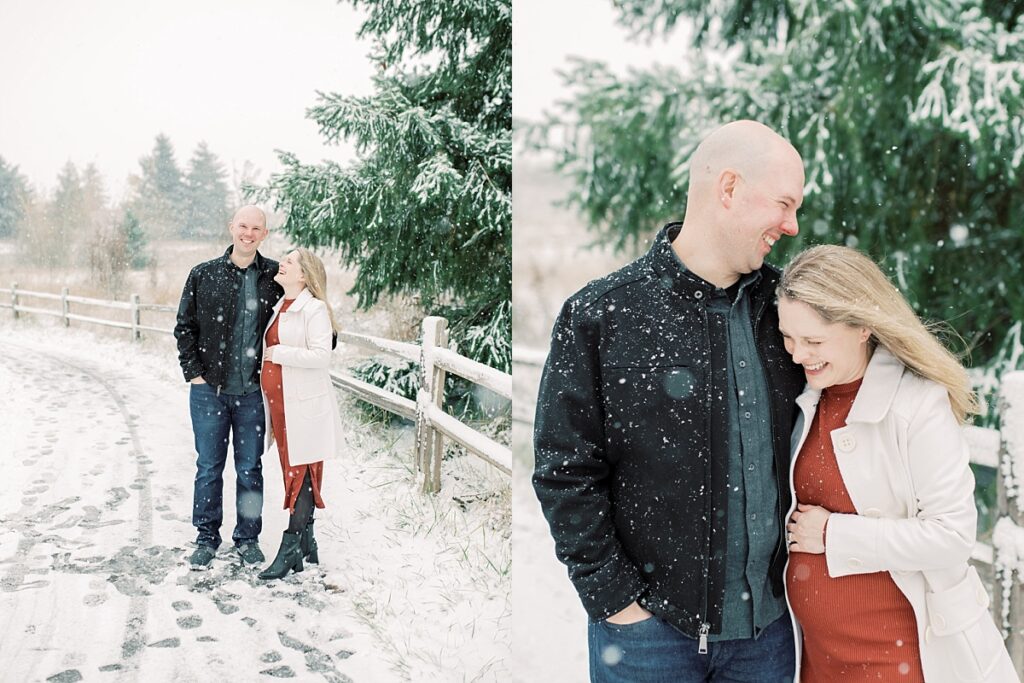 Two images of expecting couple during snowy winter scape by Portland Maternity Photographer Emilie Phillipson Photography. 
