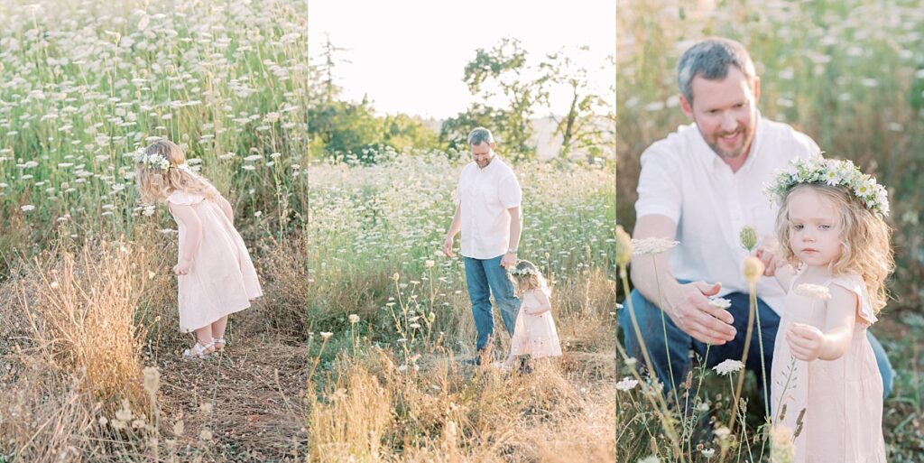 Three side by side images of family standing among wildflowers by Portland Family Photographer and Portland Newborn Photographer Emilie Phillipson Photography. 
