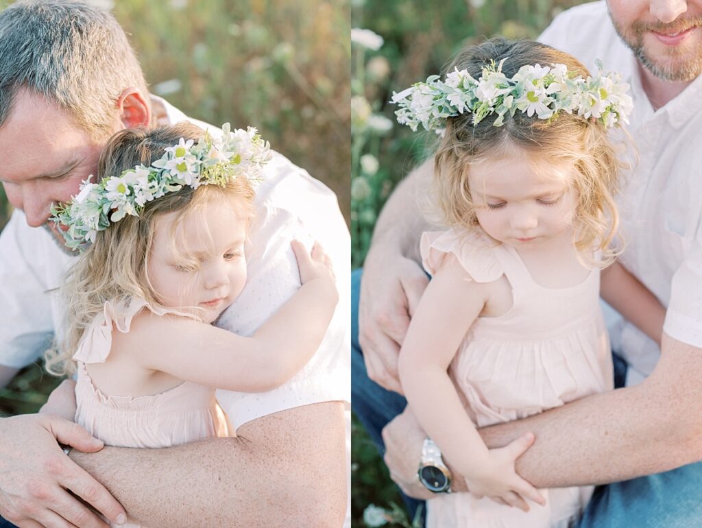Two side by side images of family standing among wildflowers by Portland Family Photographer and Portland Newborn Photographer Emilie Phillipson Photography. 