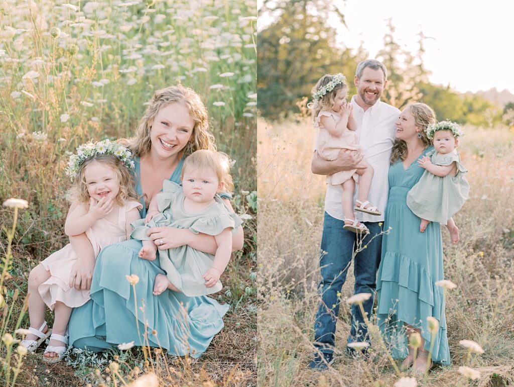 Two side by side images of family standing among wildflowers by Portland Family Photographer and Portland Newborn Photographer Emilie Phillipson Photography. 