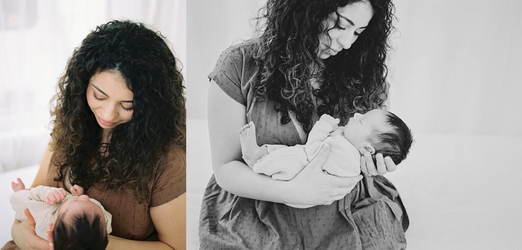 Mother with dark curly hair holding newborn baby with dark hair portrait image by Portland Newborn and Maternity Family Photographer Emilie Phillipson Photography. 