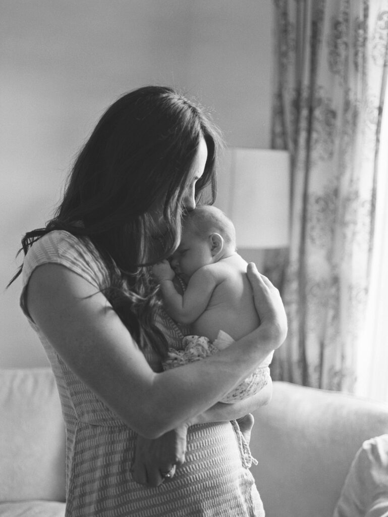 Black and white film image of mother with newborn baby Portland Newborn Photographer Emilie Phillipson Photography. 