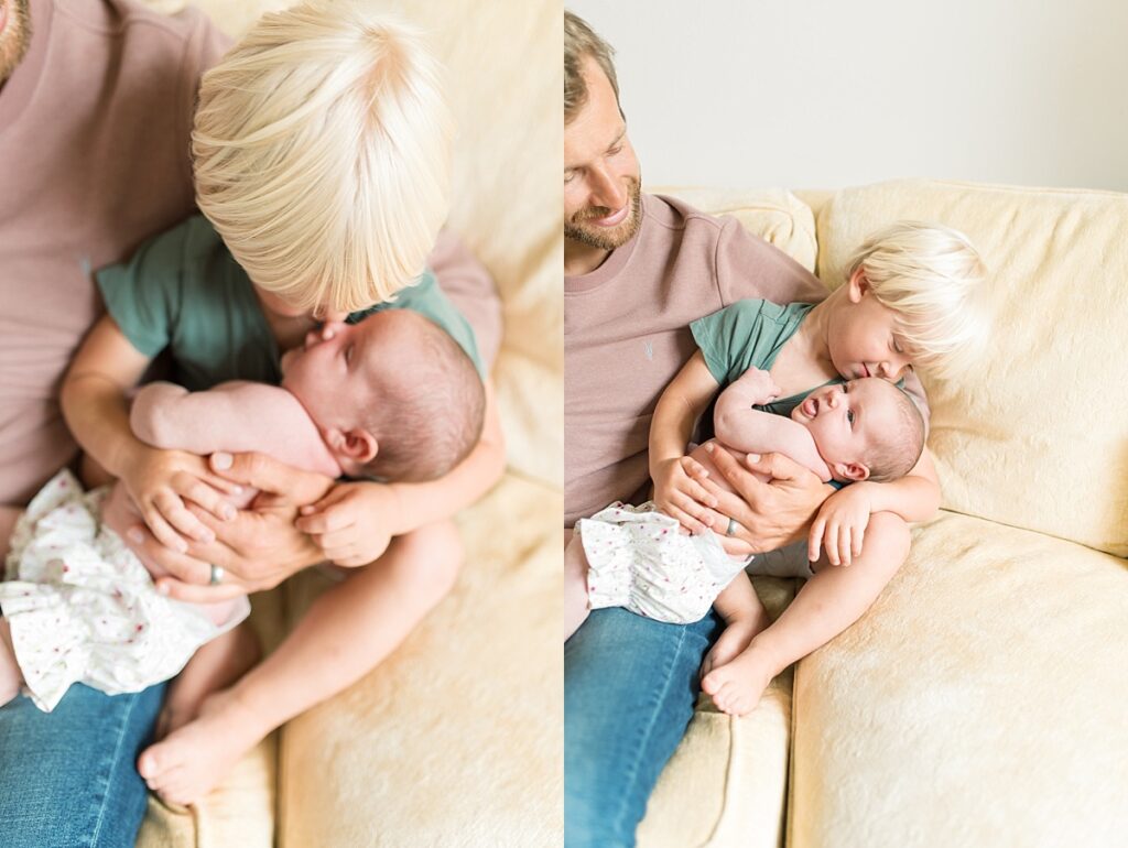 Two images of family sitting on sofa with newborn baby by Portland Newborn Photographer Emilie Phillipson Photography. 