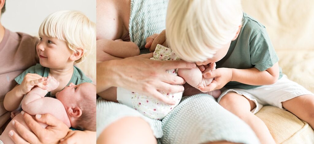 Brother toddler with light blonde hair holds hand of and kisses feet of newborn baby girl by Portland Newborn Photographer Emilie Phillipson Photography. 