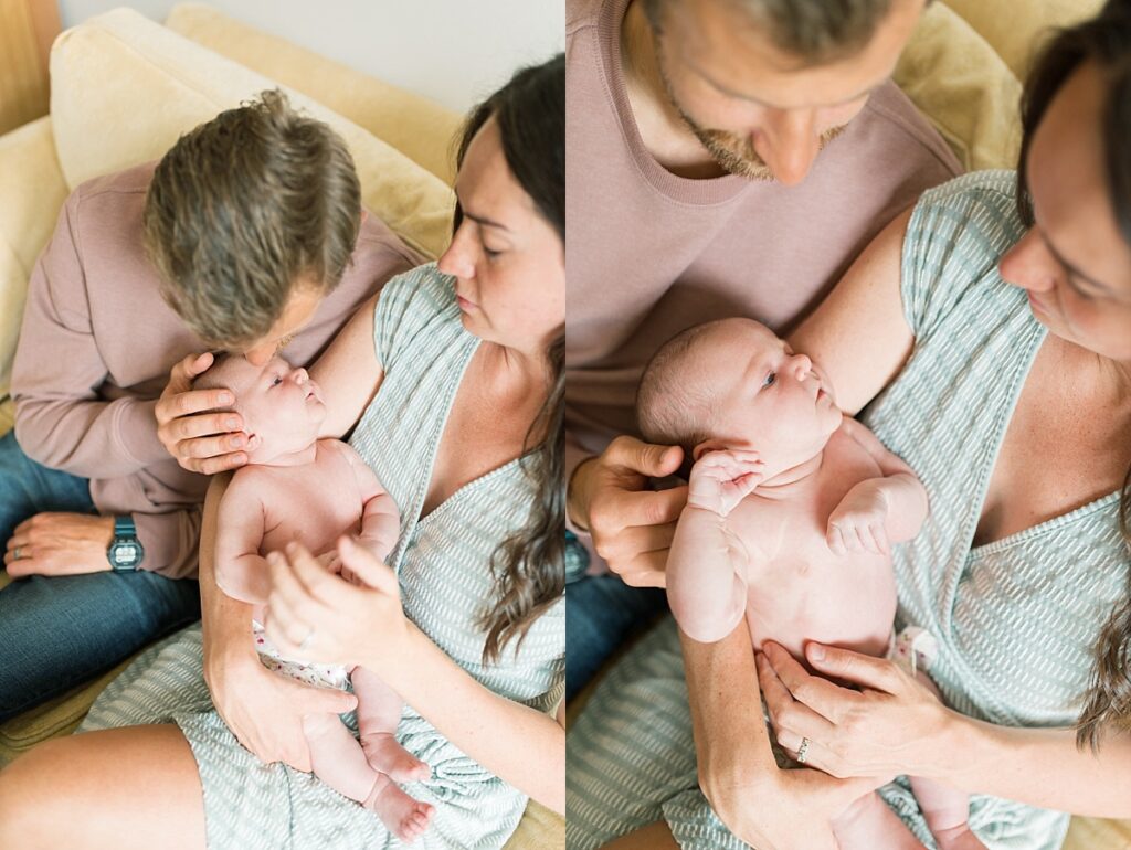 Two images of family sitting on sofa with newborn baby by Portland Newborn Photographer Emilie Phillipson Photography. 