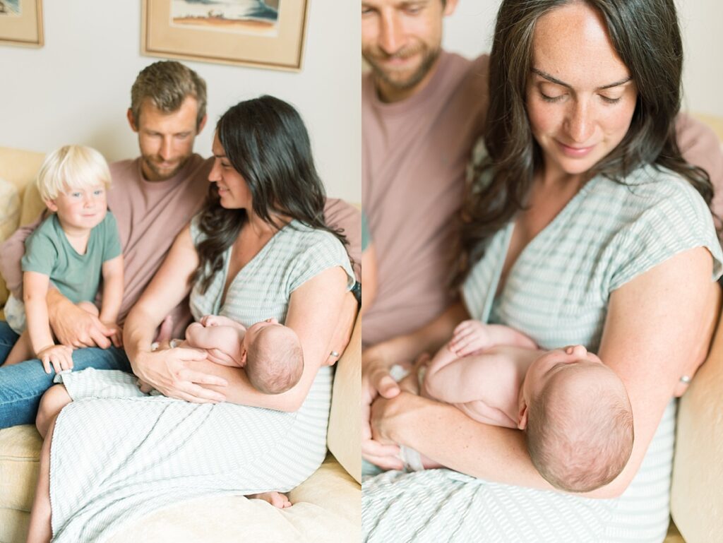 two images of family with newborn baby laying on sofa by Portland Newborn Photographer Emilie Phillipson Photography. 