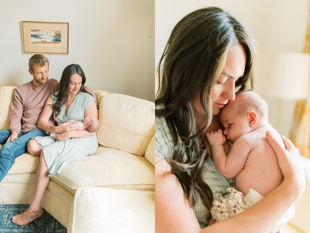 Two images of family with newborn baby laying on sofa by Portland Newborn Photographer Emilie Phillipson Photography. 