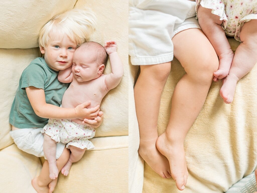 Two images of brother and newborn baby laying on yellow sofa with close up of legs and feet by Portland Newborn Photographer Emilie Phillipson Photography. 
