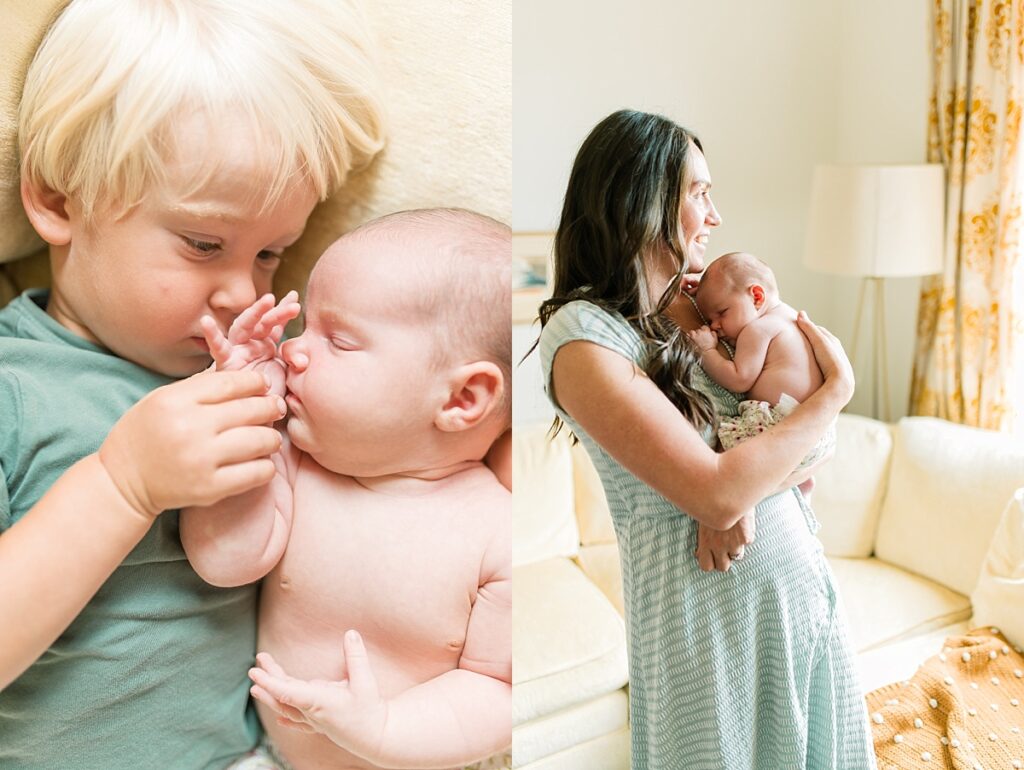 two images of family with newborn baby laying on sofa by Portland Newborn Photographer Emilie Phillipson Photography. 