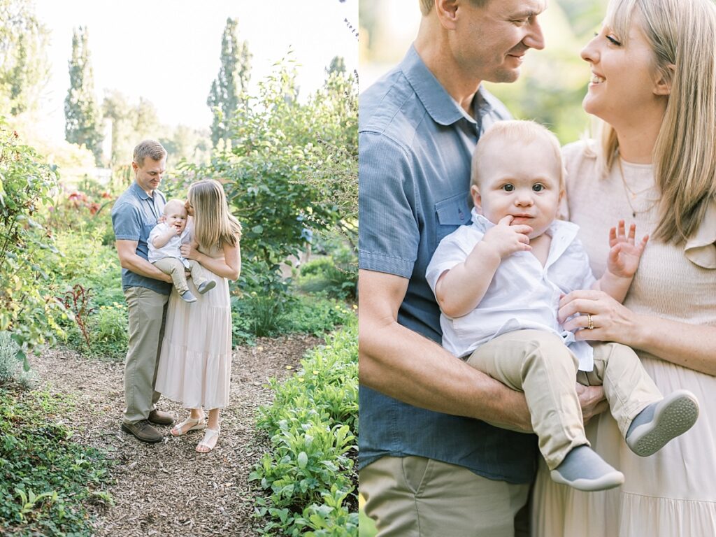 Two images of family of three people of parents holding one year old boy between them standing in lush garden space by Portland Family Photographer Emilie Phillipson Photography. 