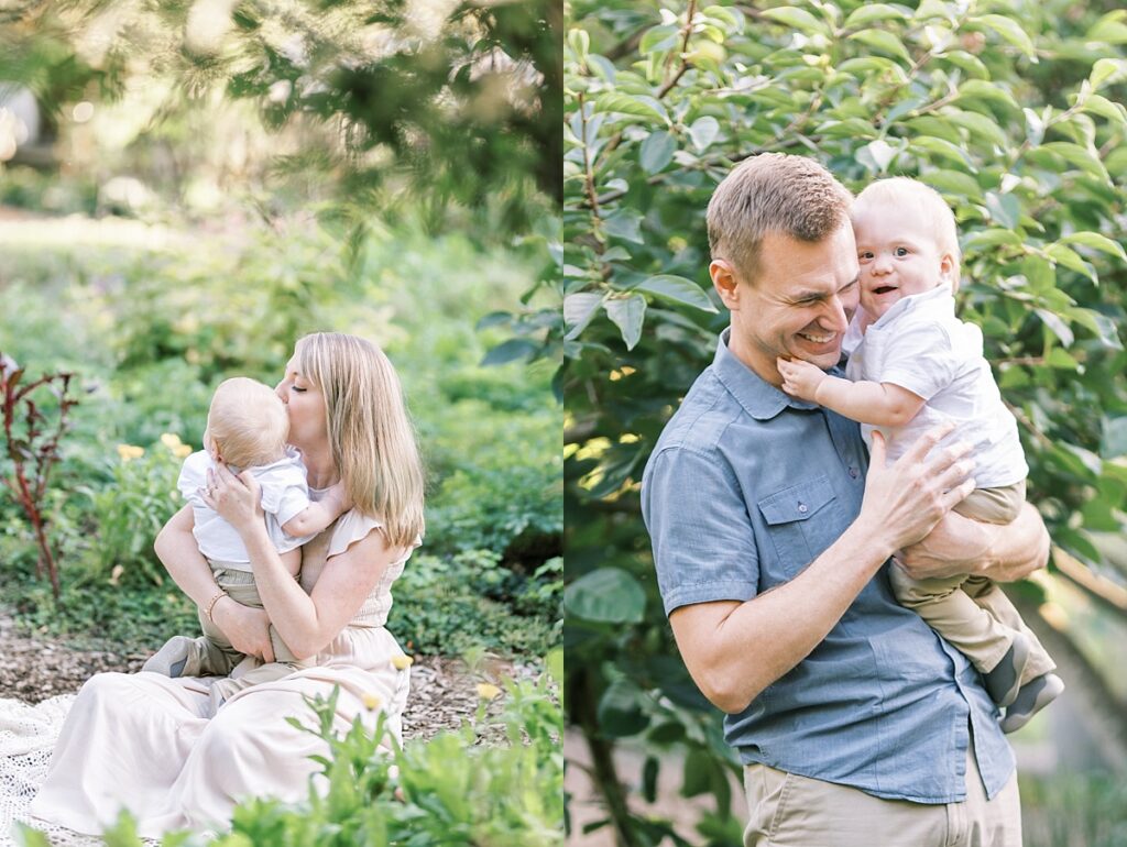 Images side by side of mom with baby and of dad with baby standing and sitting in lush garden space image by Portland Family Photographer Emilie Phillipson Photography. 