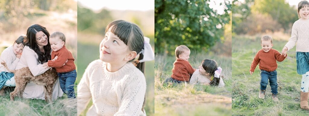 Four images of mother, daughter, and son playing during Fall Family Session in Portland Oregon by Portland Family Photographer Emilie Phillipson Photography. 