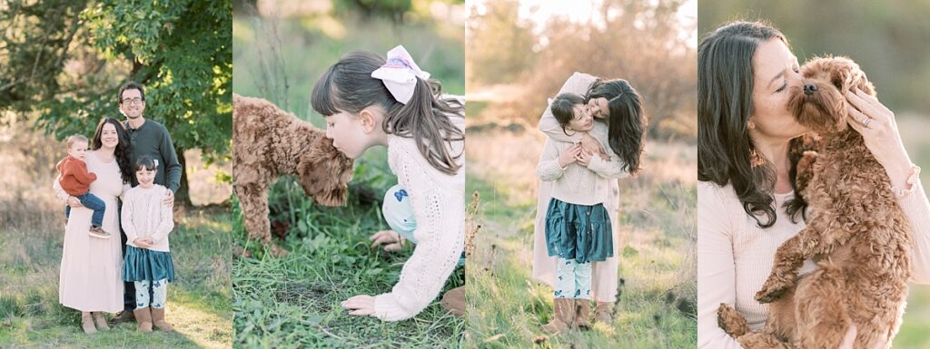 Four portrait images of father, mother, daughter, son, and brown dog playing during Fall Family Session in Portland Oregon by Emilie Phillipson Photography. 