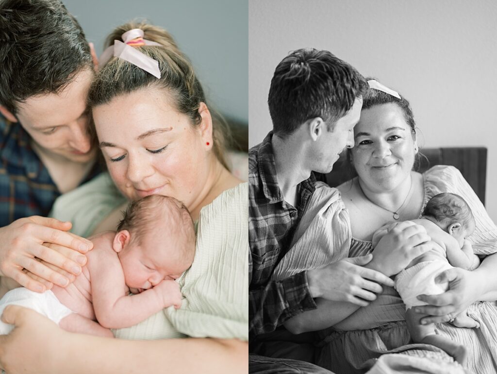 Image of parents snuggle into each other and newborn baby by Portland Newborn Photographer Emilie Phillipson Photography