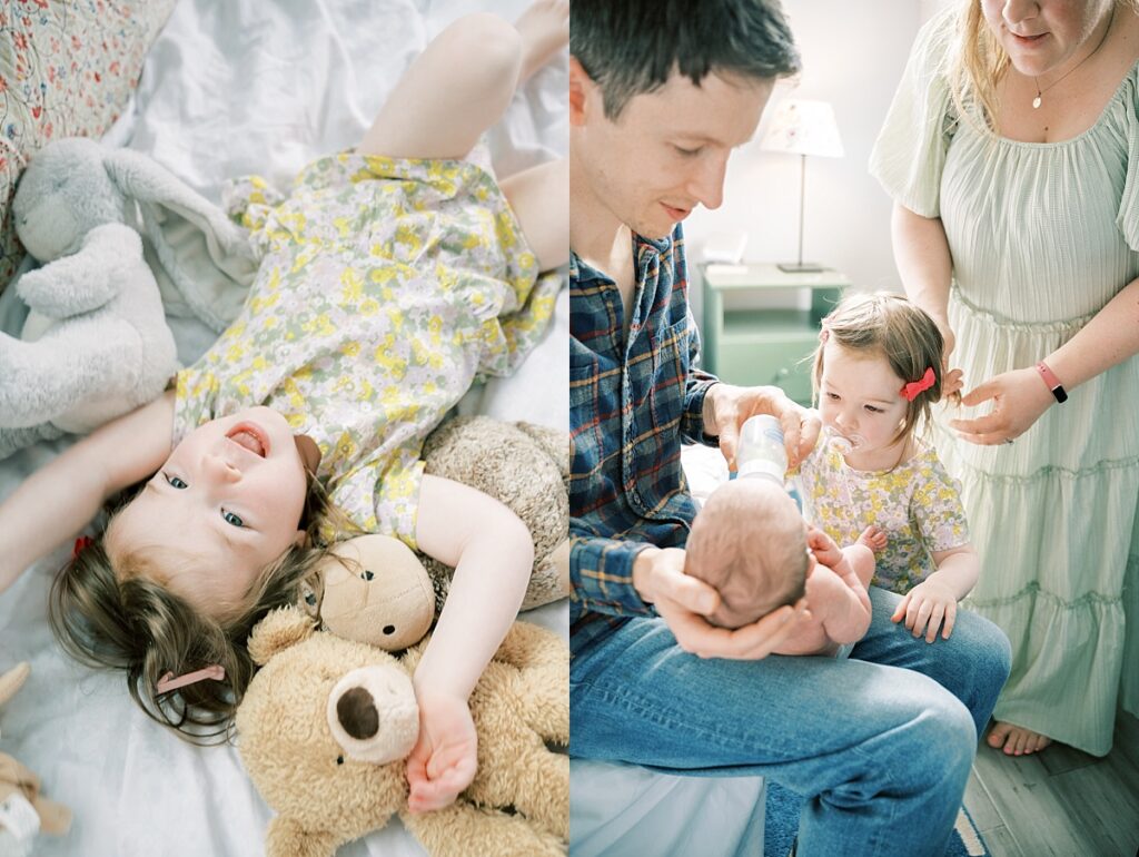Image on left of toddler laying on white bedding surrounded by toy stuffed animals and image on right of father holding newborn and toddler looking at baby while mother holds hair by Emilie Phillipson Photography