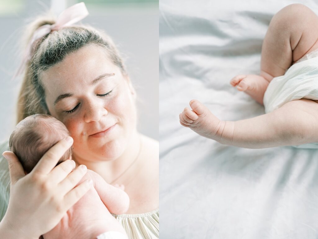 Image on left of mother holding back of newborn baby's head up to her cheek while she closes her eyes and softly smiles, image on right of baby's legs and feet laying on white bedding by Portland Newborn Photographer Emilie Phillipson Photography