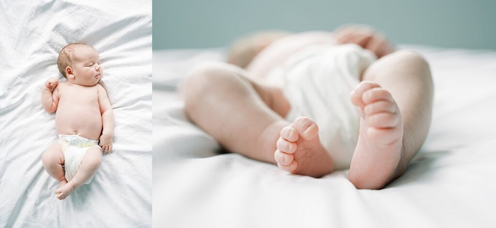 Image of baby laying on white bedding sleeping by Portland Newborn Photographer Emilie Phillipson Photography