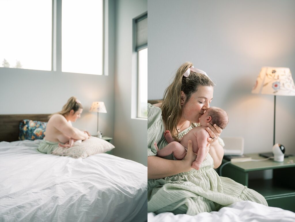 Image of mother nursing newborn baby from from away and slightly blurry and image of mother kissing baby on the nose wearing green dress by Portland Newborn Photographer Emilie Phillipson Photography