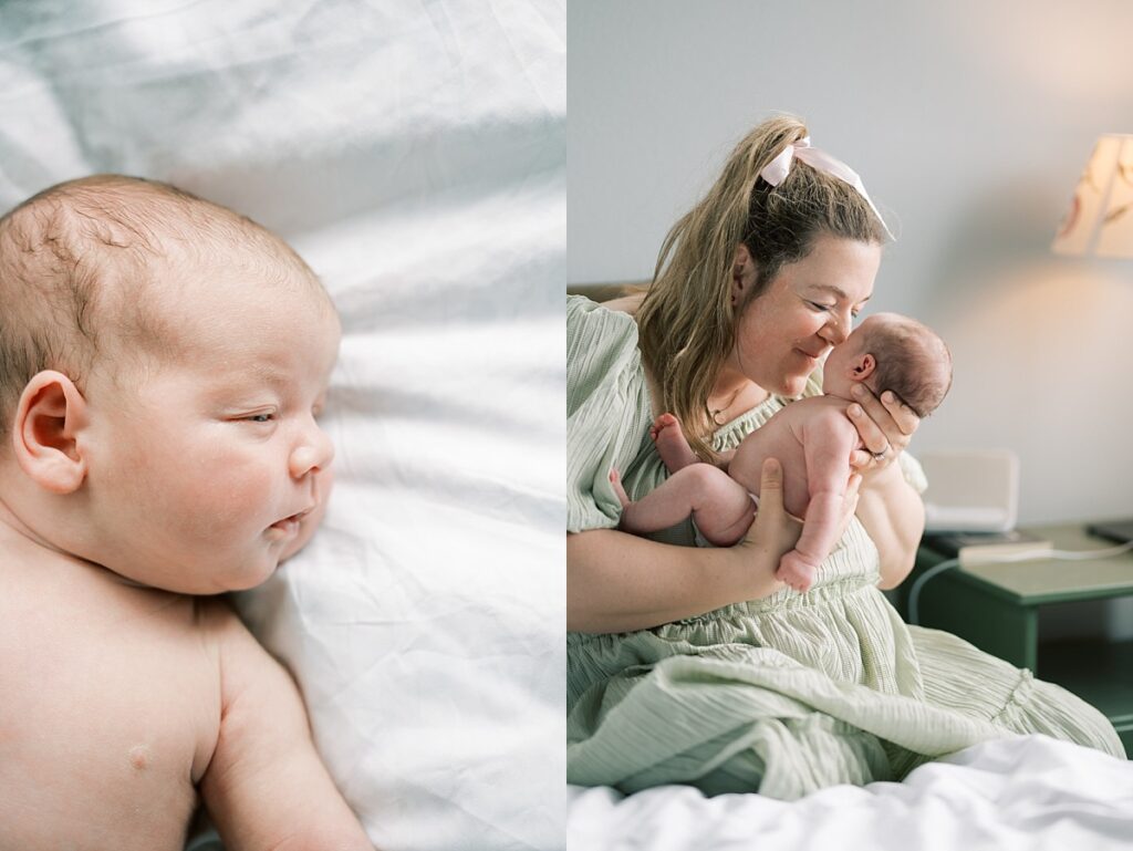 Image of baby laying on white bedding with eyes slightly opened and image of mother smiling and squinting nose while rubbing nose onto baby's nose wearing green dress by Portland Newborn Photographer Emilie Phillipson Photography