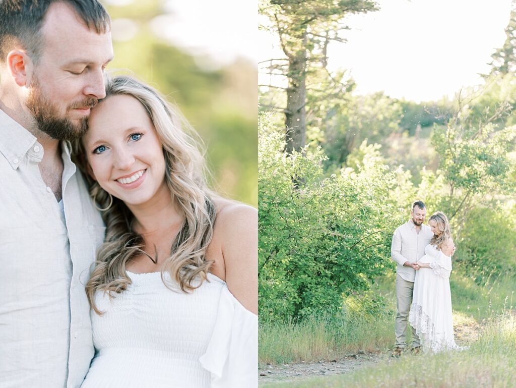 Two images of husband and pregnant wife together in mountside setting by Portland Maternity Photographer Emilie Phillipson Photography. 