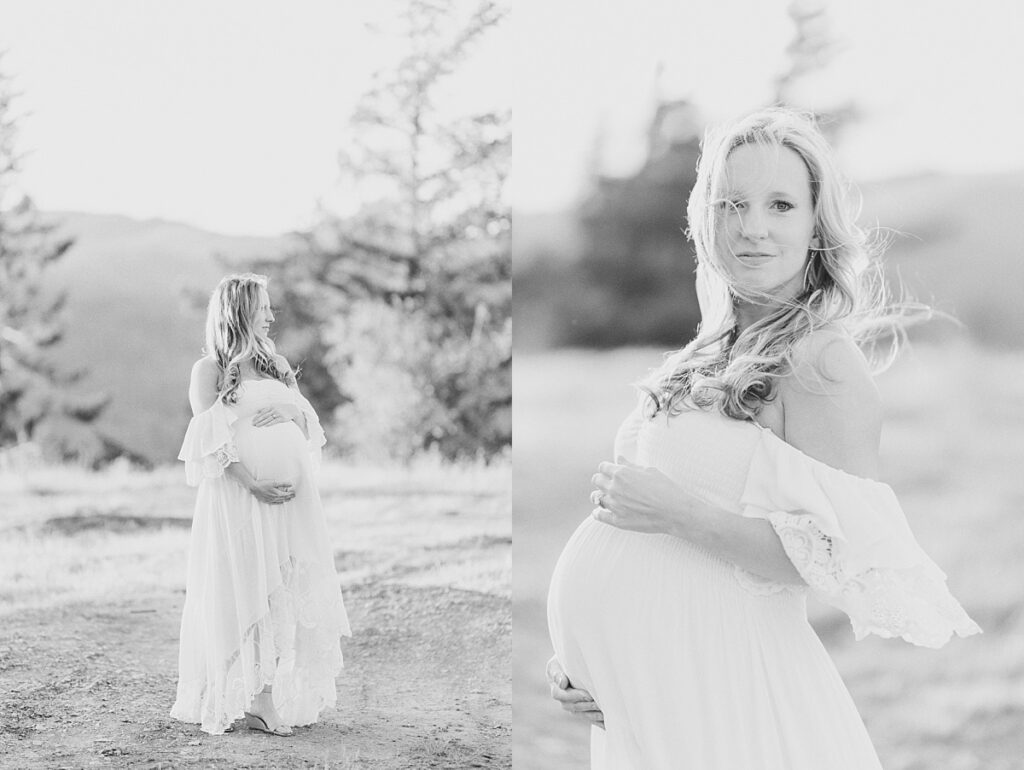 Two images of pregnant mother wearing white lacey dress in mountain setting by Portland Maternity Photographer Emilie Phillipson Photography. 