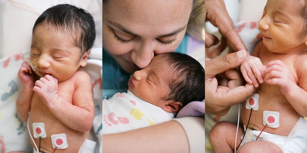 Image of child in NICU isolette bed with parents caressing face and hands with baby NICU gear and stickers on body image by Portland NICU Photographer Emilie Phillipson Photography. 